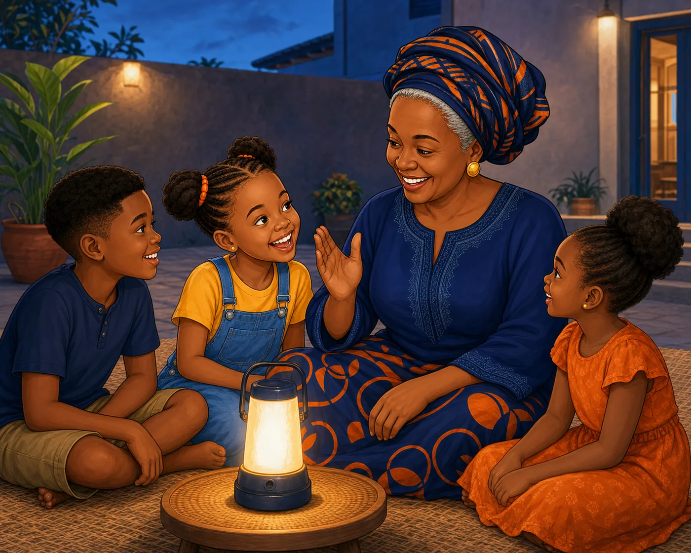 Iya sharing a folktale with Amara and her cousins at blue hour