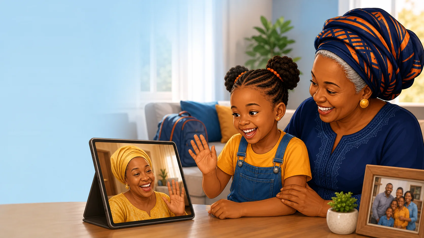 Amara greeting family on a video call while learning with Iya